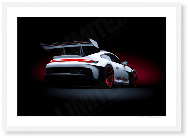 Porsche 911 GT3 RS (992) A3 (297 x 420 mm / 11.7 x 16.5 in) / White Wood Frame (Printed on Fine Art Paper) / No Mount