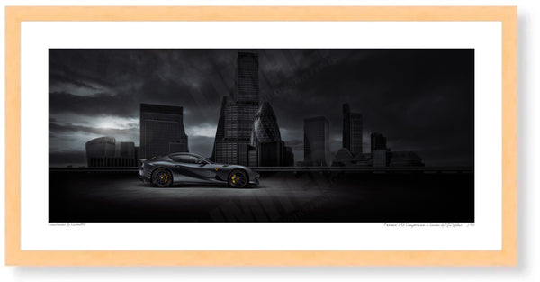 Ferrari 812 Competizione in London S (199 x 420 mm / 11.7 x 16.5 in) / Wood Frame (Printed on Fine Art Paper) / No Mount