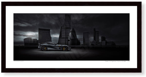 Ferrari 812 Competizione in London S (199 x 420 mm / 11.7 x 16.5 in) / Black Wood Frame (Printed on Fine Art Paper)