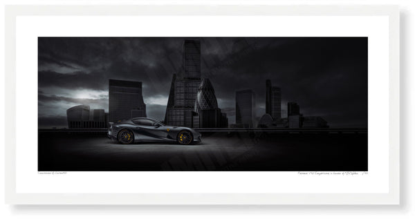 Ferrari 812 Competizione in London S (199 x 420 mm / 11.7 x 16.5 in) / White Wood Frame (Printed on Fine Art Paper)
