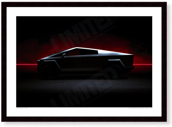 Tesla Cybertruck A3 (297 x 420 mm / 11.7 x 16.5 in) / Black Wood Frame (Printed on Fine Art Paper) / No Mount
