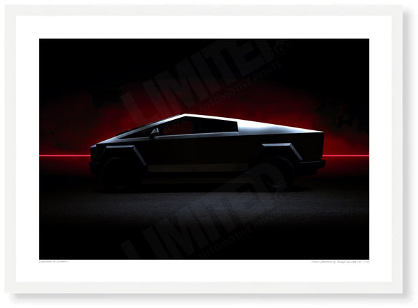 Tesla Cybertruck A3 (297 x 420 mm / 11.7 x 16.5 in) / White Wood Frame (Printed on Fine Art Paper) / No Mount