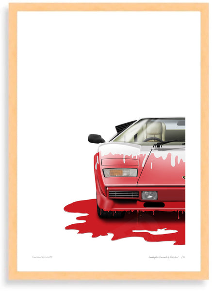 Lamborghini Countach (white red) A3 (297 x 420 mm / 11.7 x 16.5 in) / Wood Frame (Printed on Fine Art Paper) / No Mount