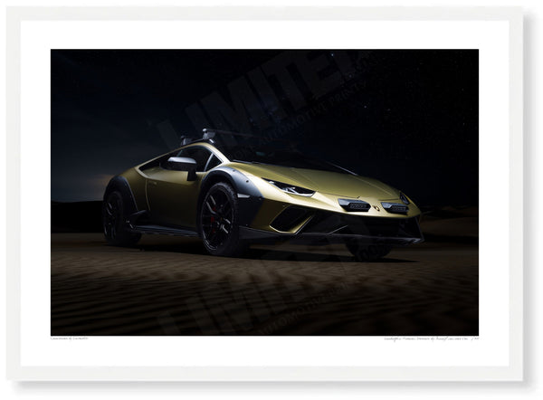 Lamborghini Huracán Sterrato A3 (297 x 420 mm / 11.7 x 16.5 in) / White Wood Frame (Printed on Fine Art Paper) / No