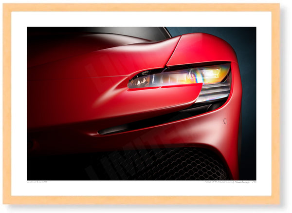 Ferrari SF90 Stradale (detail) - A3 (297 x 420 mm / 11.7 x 16.5 in) / Wood Frame (Printed on Fine Art Paper) / No Mount